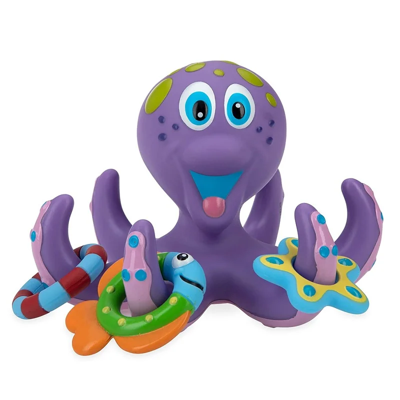 Polvo roxo flutuante com 5 anéis de hoopla brinquedo interativo de banho