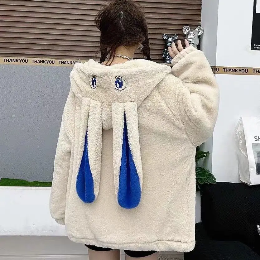 Plush 2023 Autumn Winter New  Collection  with  Thick Cotton  Loose and Fashionable Small Student Cotton  Coat  Blue Ears  Style