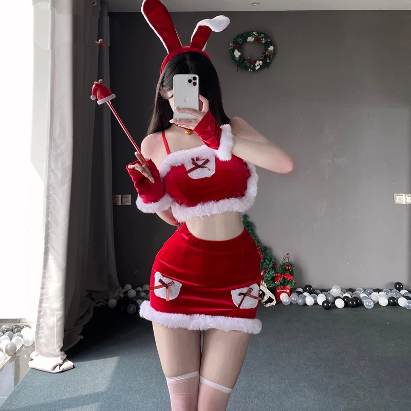 Cosplay vermelho Natal Coelho Terno, Senhorita Papai Noel Vestido, Fantasia de menina coelho, Sexy Lingeries Set, Doce Senhora Empregada Uniforme