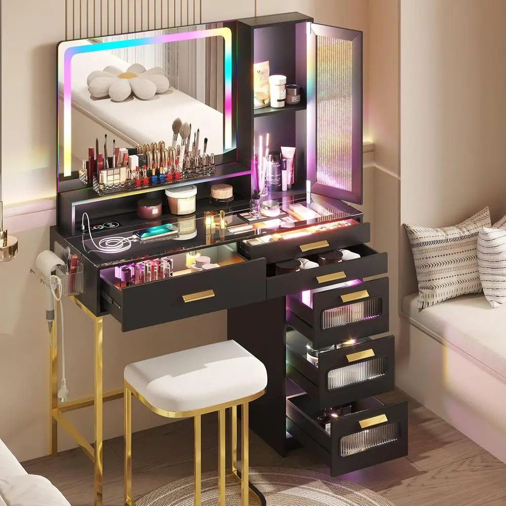 Vanity Desk with Mirror and RGB LED Lights, 39.5" Glass Top Makeup Vanity with 6 Ders and Charging Station, Makeup Dring Table w