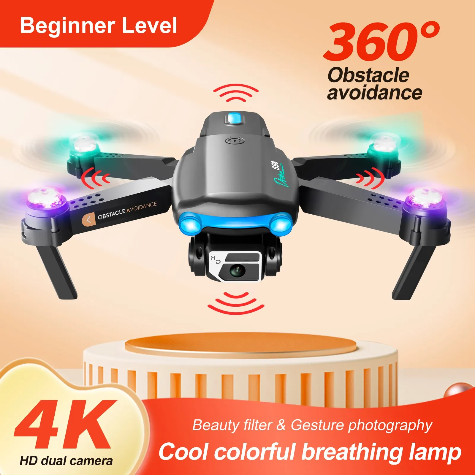 Drone S98 avec éclairage haute définition pour enfants, caméra pour touristes, mode sauna, résistant à 360, effets spéciaux, roulant, pliable