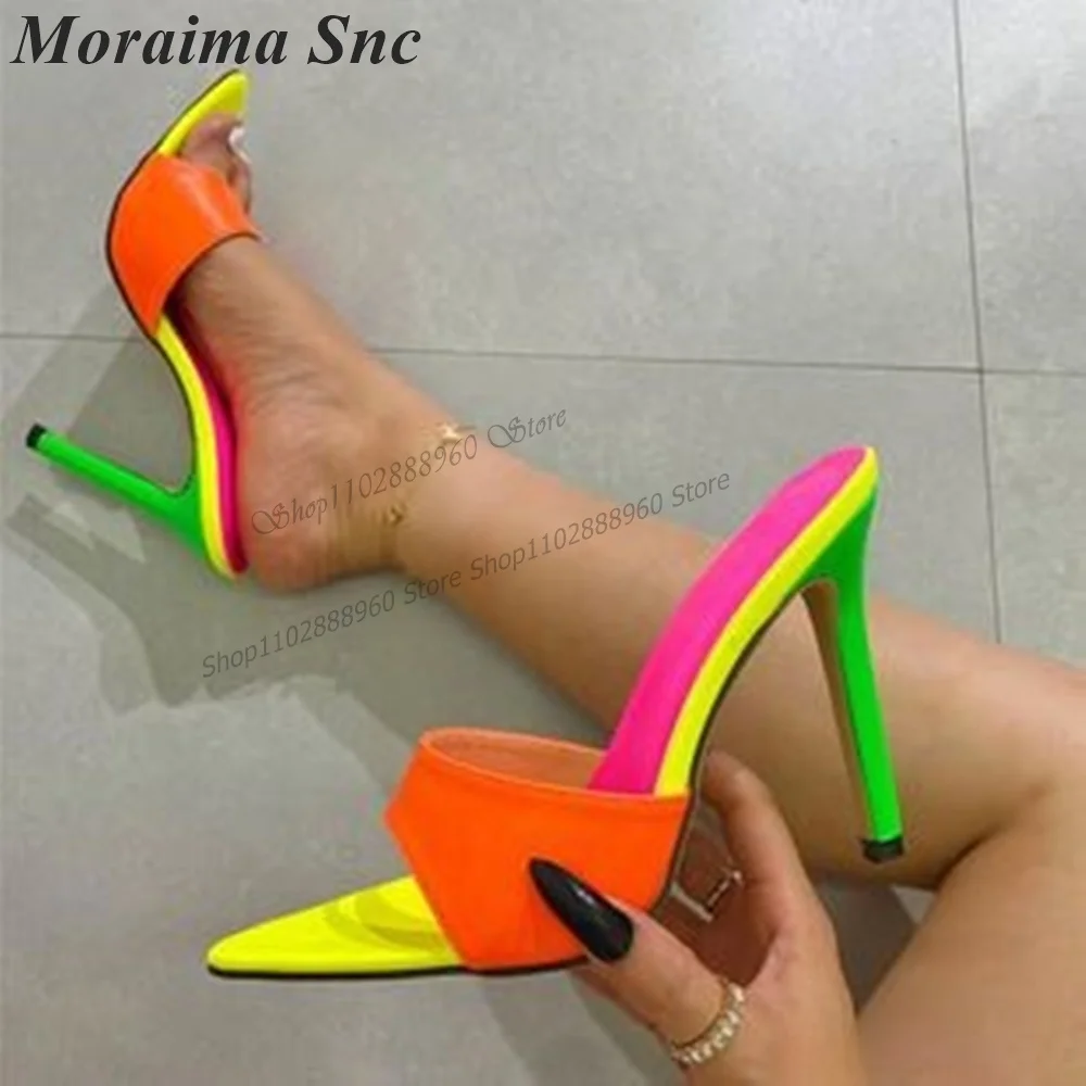 Mixed Sugar Color Matte Leather Slippers Cut Heel Thin High Heel Women Shoes Slip Peep Toe 2023 Fashionable Zapatos Para Mujere