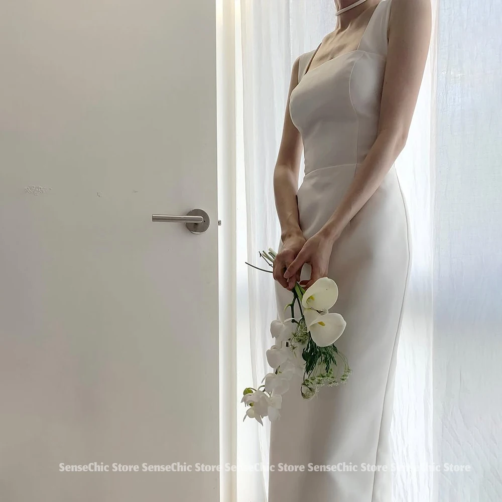 우아한 스퀘어 칼라 한국 웨딩 드레스 새틴 민소매 a 라인 파티 한국 사진 촬영 간단한 신부 가운 드레스 맞춤형