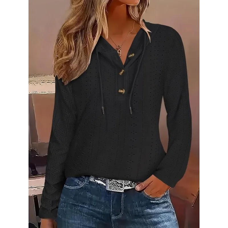 حجم كبير عارضة بلون المرأة هوديي العنصر بلون الخامس الرقبة مقنعين زر فضفاض طويل الأكمام هوديي أعلى للنساء ﻿