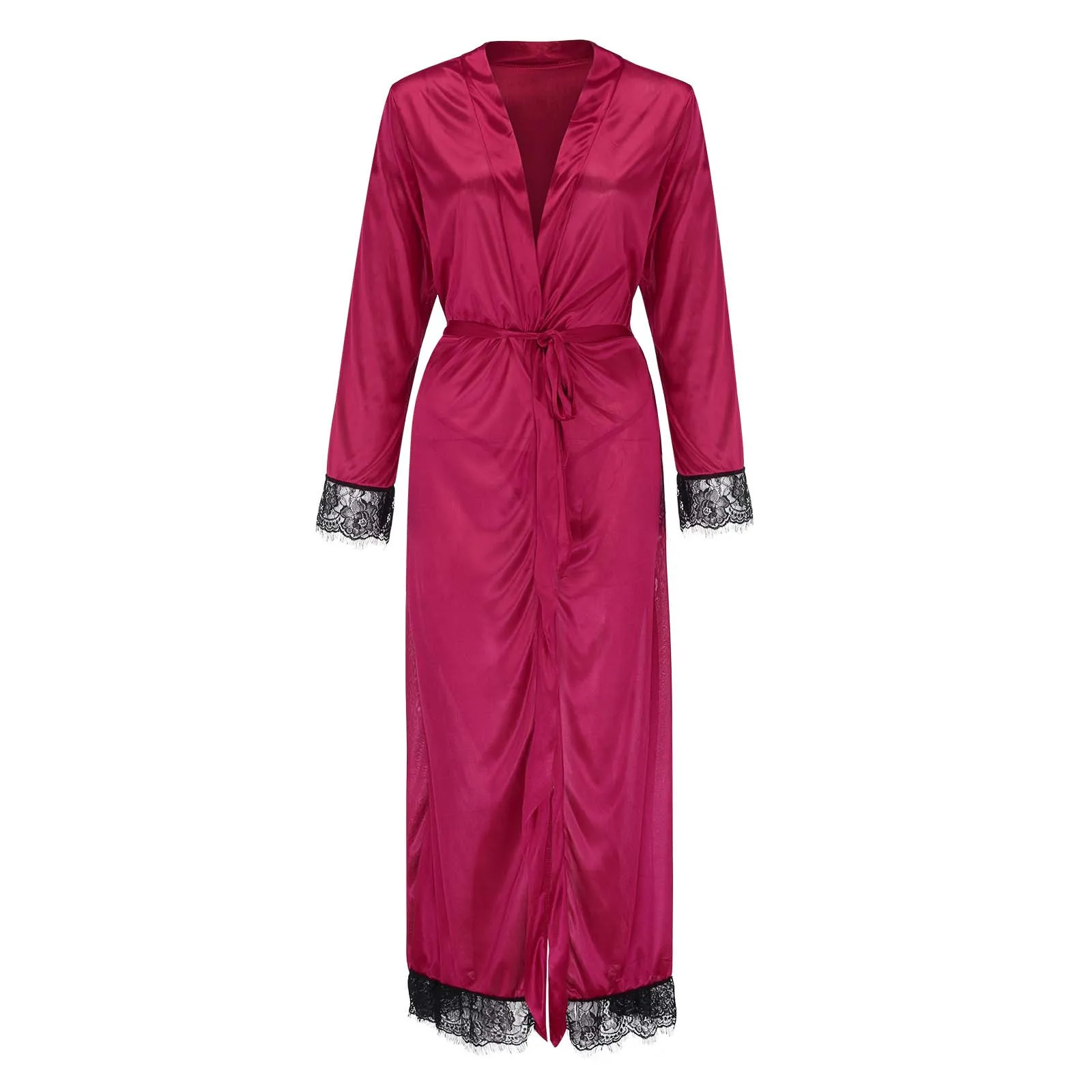 Sexy Silk Kimono Maxi Nightgown With Blet Bath Robe Sleepwear Pajamas Dress Solid Color Long Sleeve V Neck Lace Splice Bathrobe