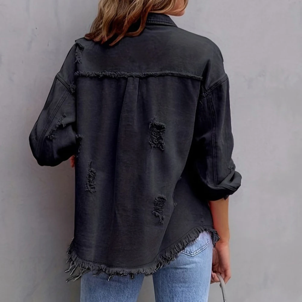 Solid Jacket for Women with Raw Edge Finish and Hole Details Oversize Long Sleeve Casual Jeancoat Style Outerwear
