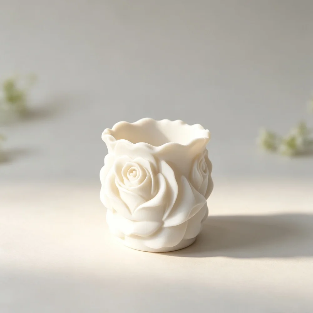 3D Printed White Rose Planter Elegant Floral Shaped Pot With Scalloped Rim For Desk Shelf And Romantic Home Decor