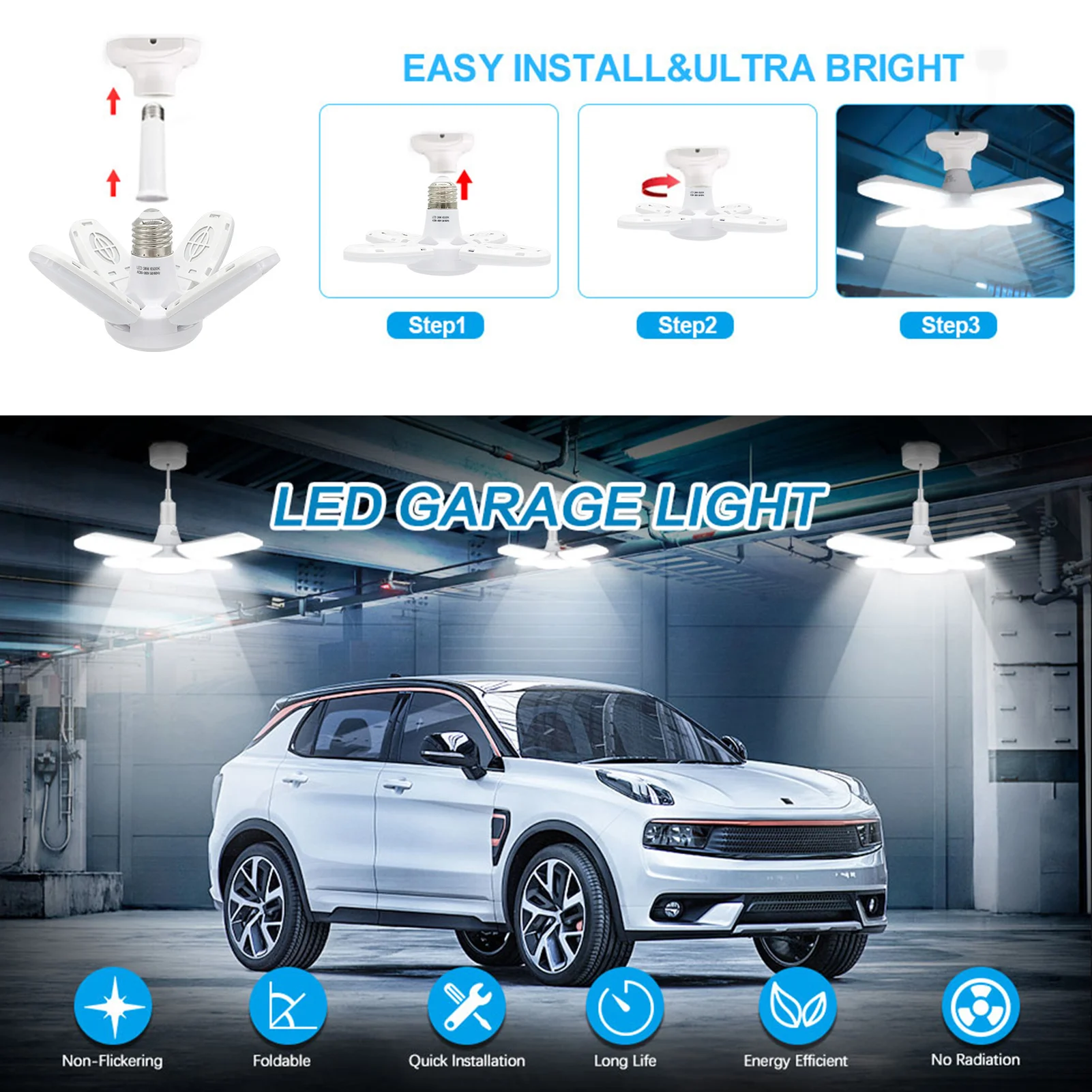 

38W 6000LM 6500K E27/E26 LED Garage Ceiling Lights with 4 Adjustable Panels for Garages Workshop,indoor outdoor workshop