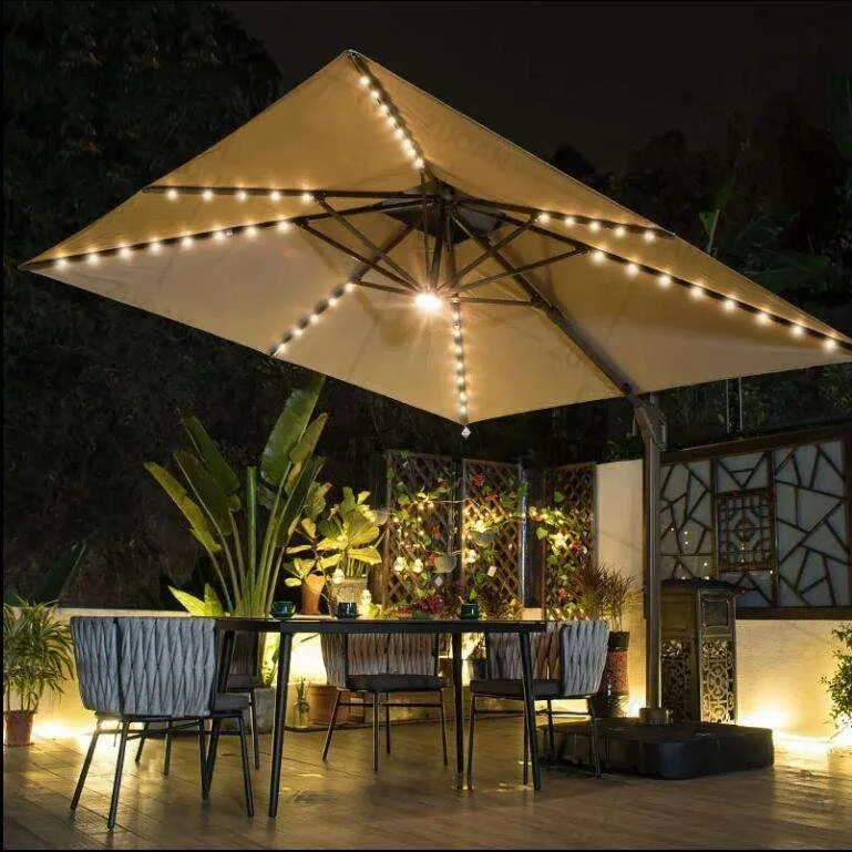 [Champagne Pole]Double Poles Patent Solar Light Outdoor Umbrella Popular Sun Shade Parasol Garden Hotel Sun Brella Resell Price