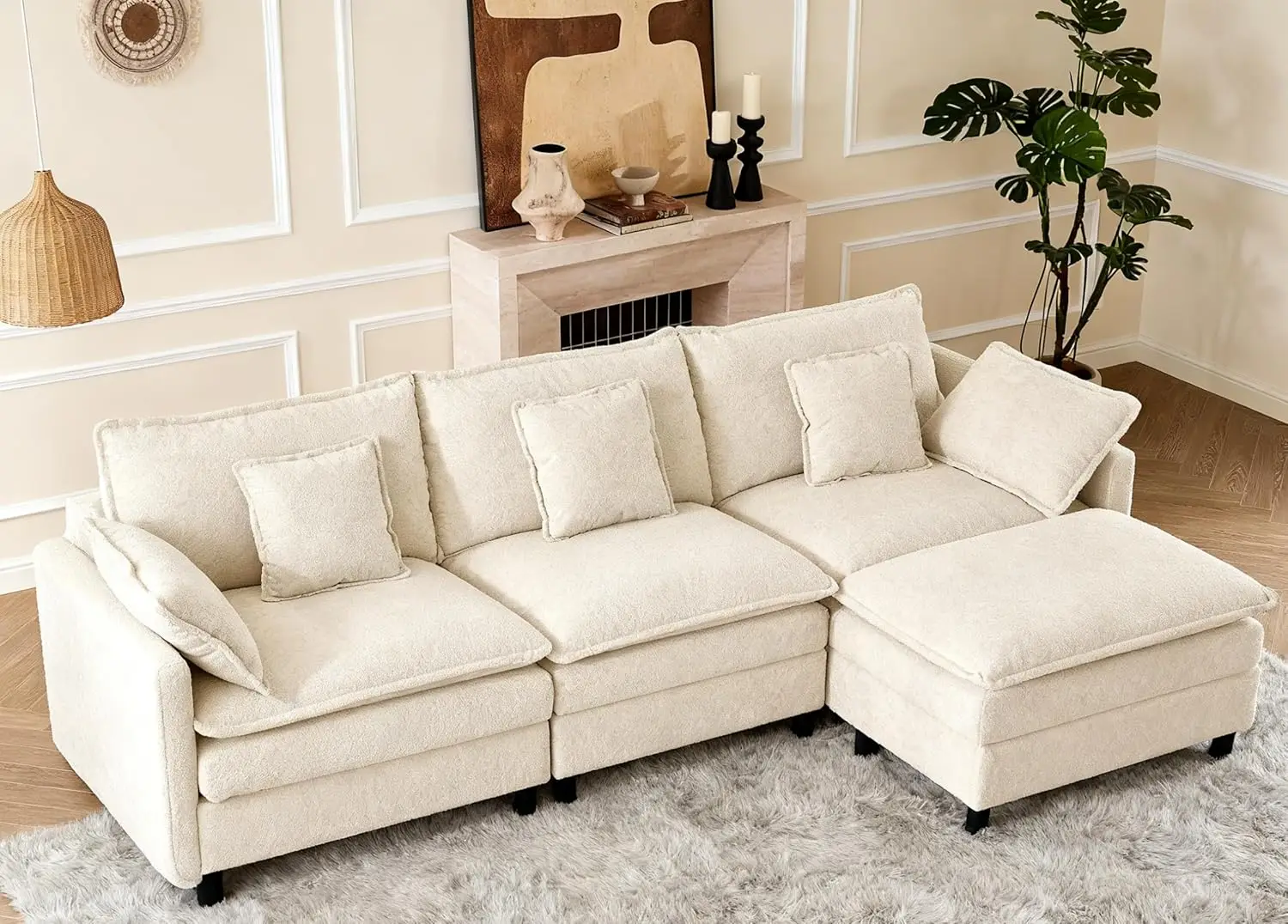 

110" Modular Sectional Sofa, Cloud Couch with Ottoman, L-Shaped 4-Seater Sofa in Chenille Fabric, Deep Seat Comfy, Customized