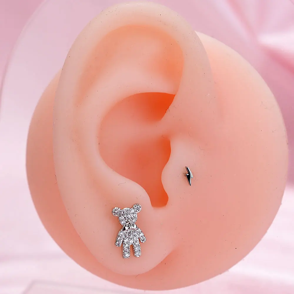 1Piece Fashion Sweet Crystal Flower Small Bear Stud Earrings  Women Cute Animal Piercing Earring For Teen Girls Accessories Gift