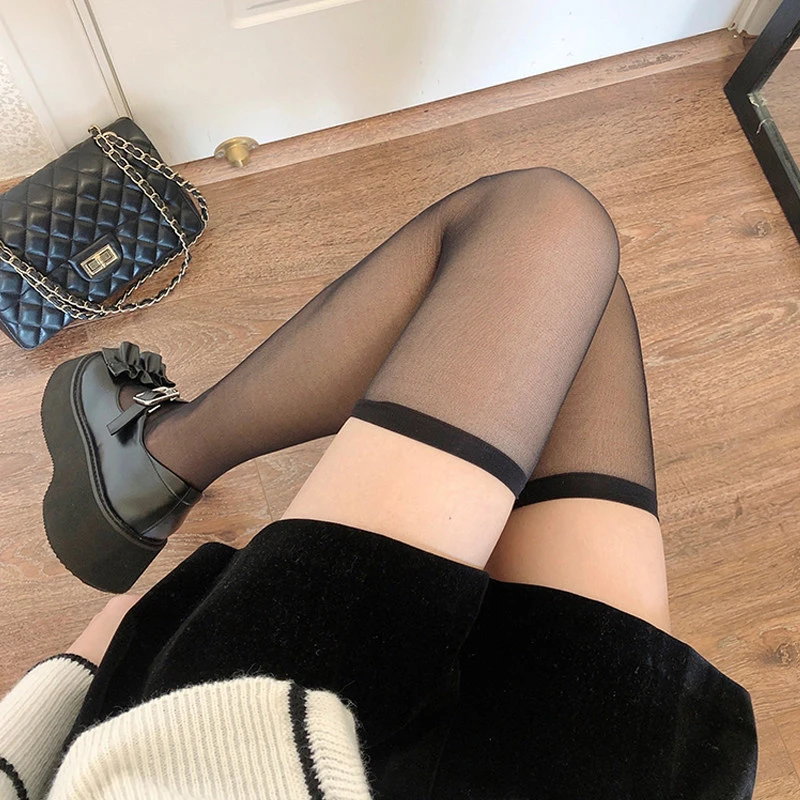 Women's Sexy Knee Socks Solid Transparent Ultra-thin Fishnet Stockings Slim JK Lolita White Stocking Breathable Thigh High Socks image 4