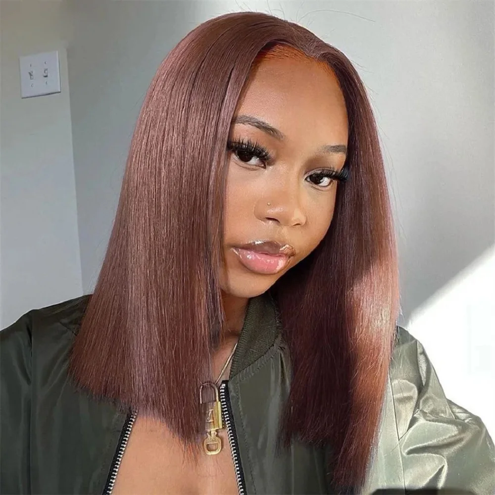 Perruques courtes lisses en cheveux humains de 8 à 14 pouces, densité 200, pour femmes, perruques frontales en dentelle HD 13x4 couleur brun chocolat # Cheveux Remy de 4 couleurs