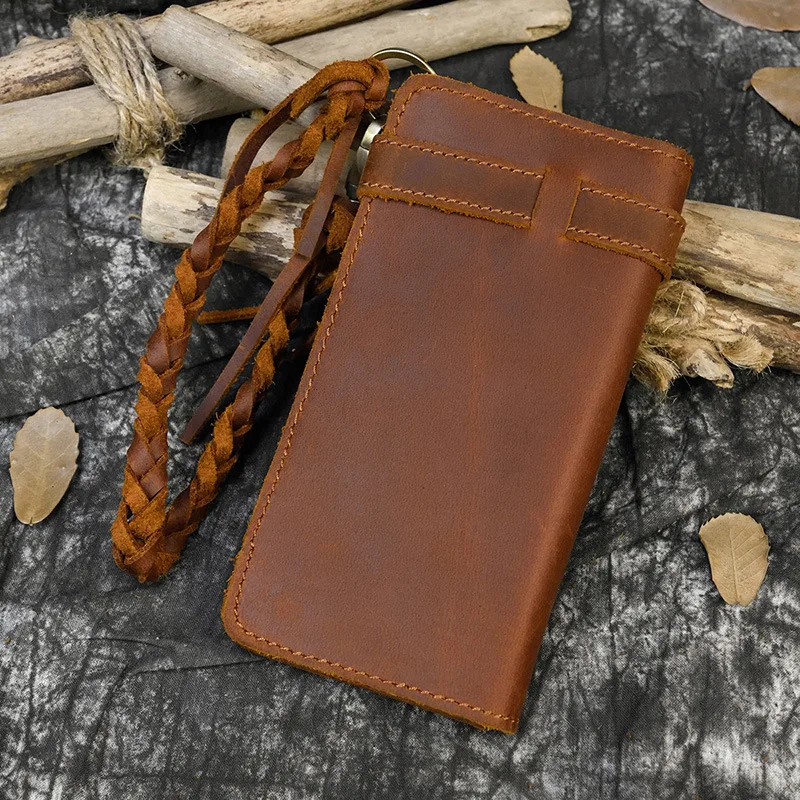 Crazy Horse leather retro men long real leather wallet multi-buckle buckle lanyard anti lost mobile phone storage function