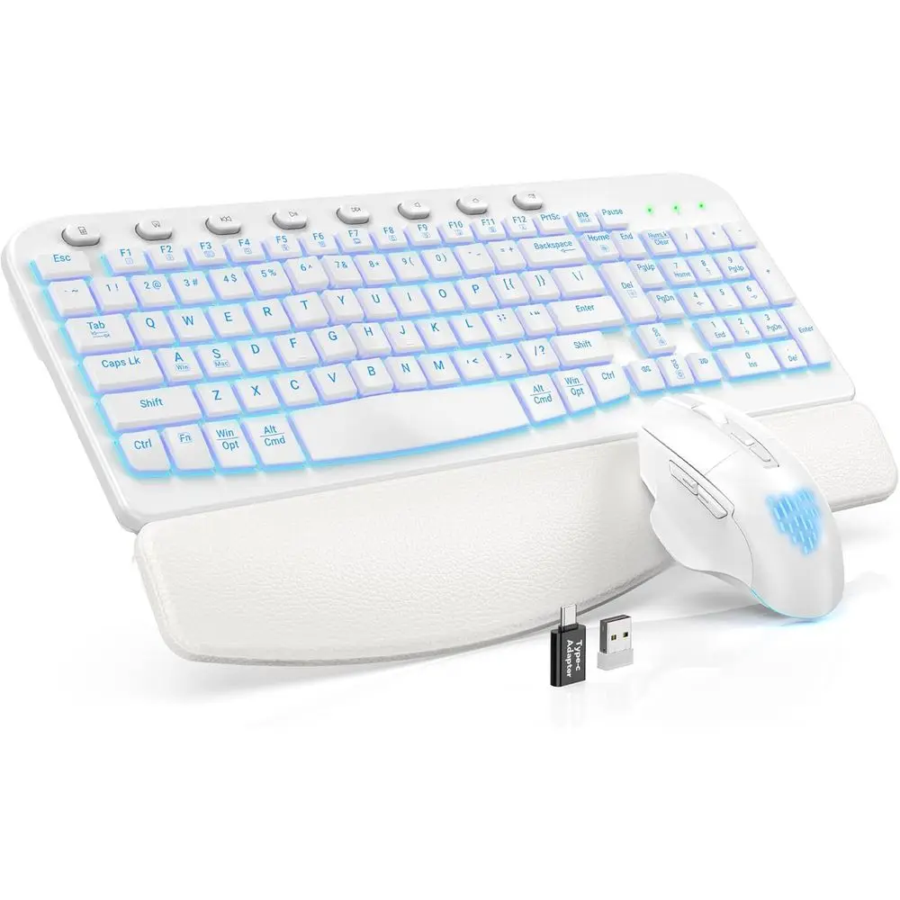 Wireless Ergonomic Keyboard and Mouse Set with Leather Wrist Rest, Backlit Keys, Rechargeable for PC and Chromebook (White)
