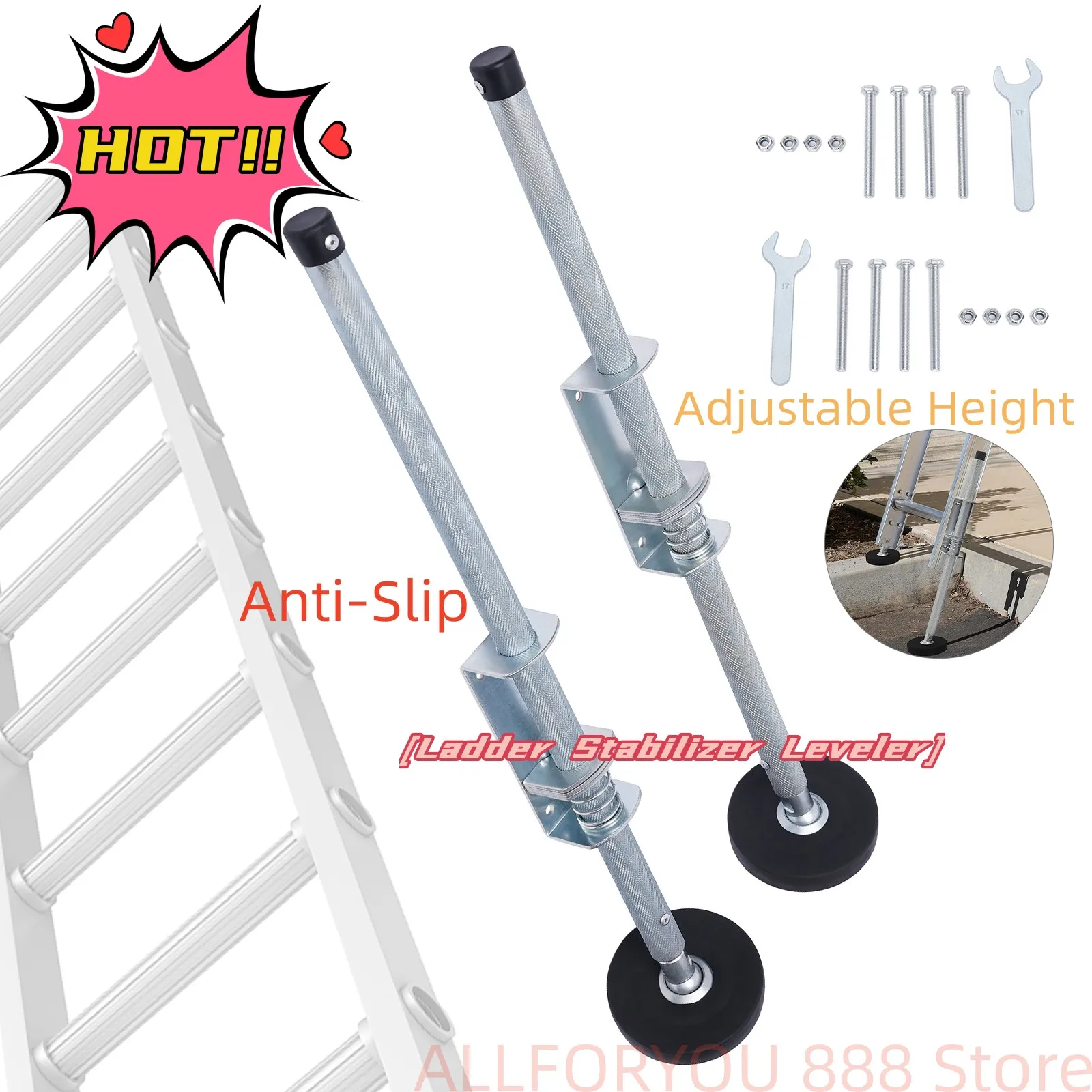 1Pair Ladder Stabilizer Leveler Anti-Slip Adjustable Height Fit To Straight, Telescopic , And Herringbone Ladders, etc