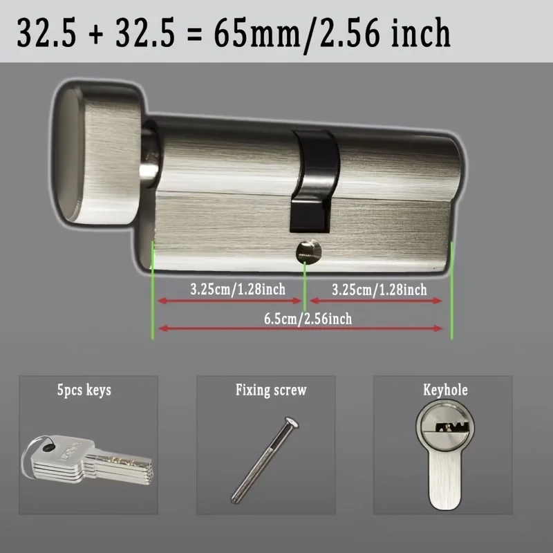 1Pc European Standard All-Copper Anti-Theft Lock Cylinder, Equipped with 5 Copper Universal Keys, Rust-Resistant, Corrosion-Resistant, Sturdy and Durable, 60/65/70/75/80/90/100/110/120Mm/32.5Mm, Reliable Home Security Lock Suitable for Entry Doors, Indoor and Outdoor Brass Locks with Handles. view 3