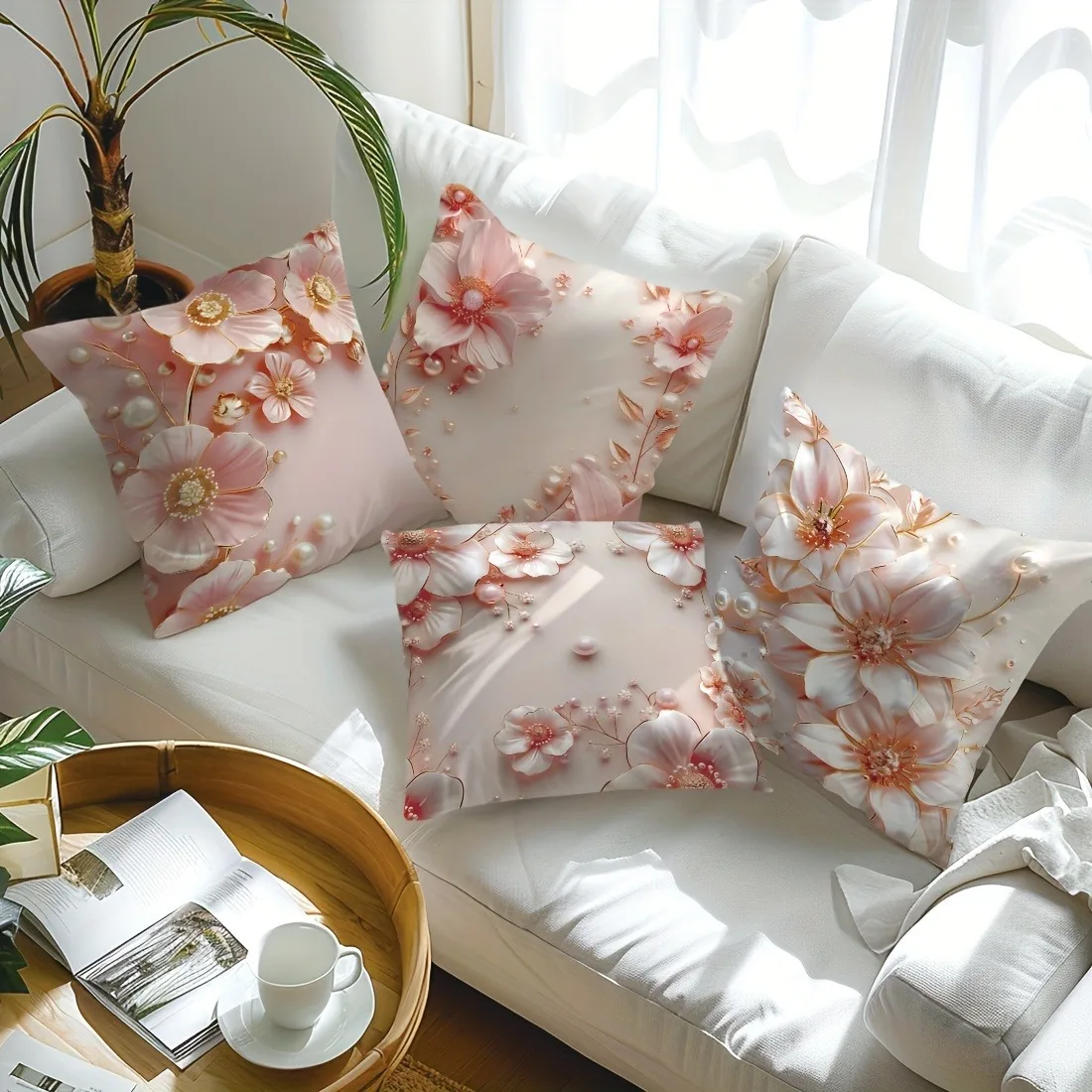 

4 шт., розовый цветок, жемчужный узор, домашняя декоративная наволочка для гостиной, дивана, полиэстеровая наволочка на молнии