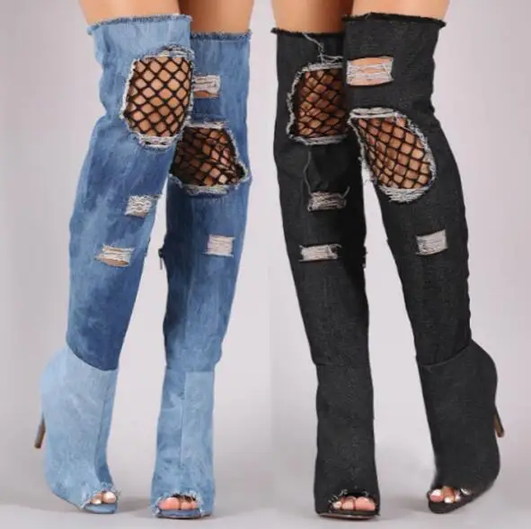 

New Woman Blue Black Denim Shabby Holes Air Mesh Hollow Peep Toe Stiletto Heel Over The Knee Boots Fashion Slim Long Botas Shoes