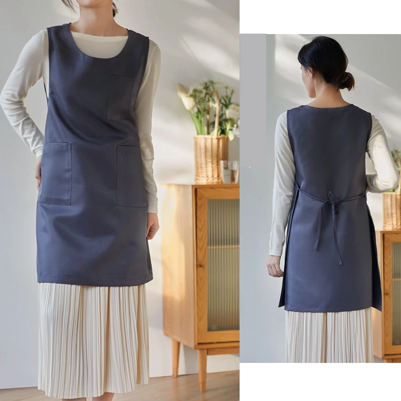 Japanese Style Apron Polyester Pinafore Apron Ties Apron Washed Pocket Long