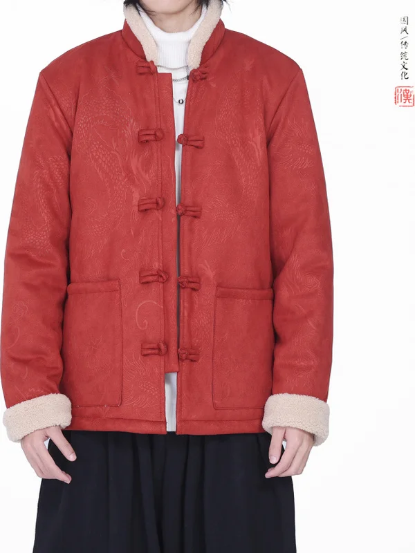 

Мужская зимняя куртка из замши и бархата с вышивкой дракона, с меховым воротником, в традиционном китайском стиле, на пуговицах, теплая
