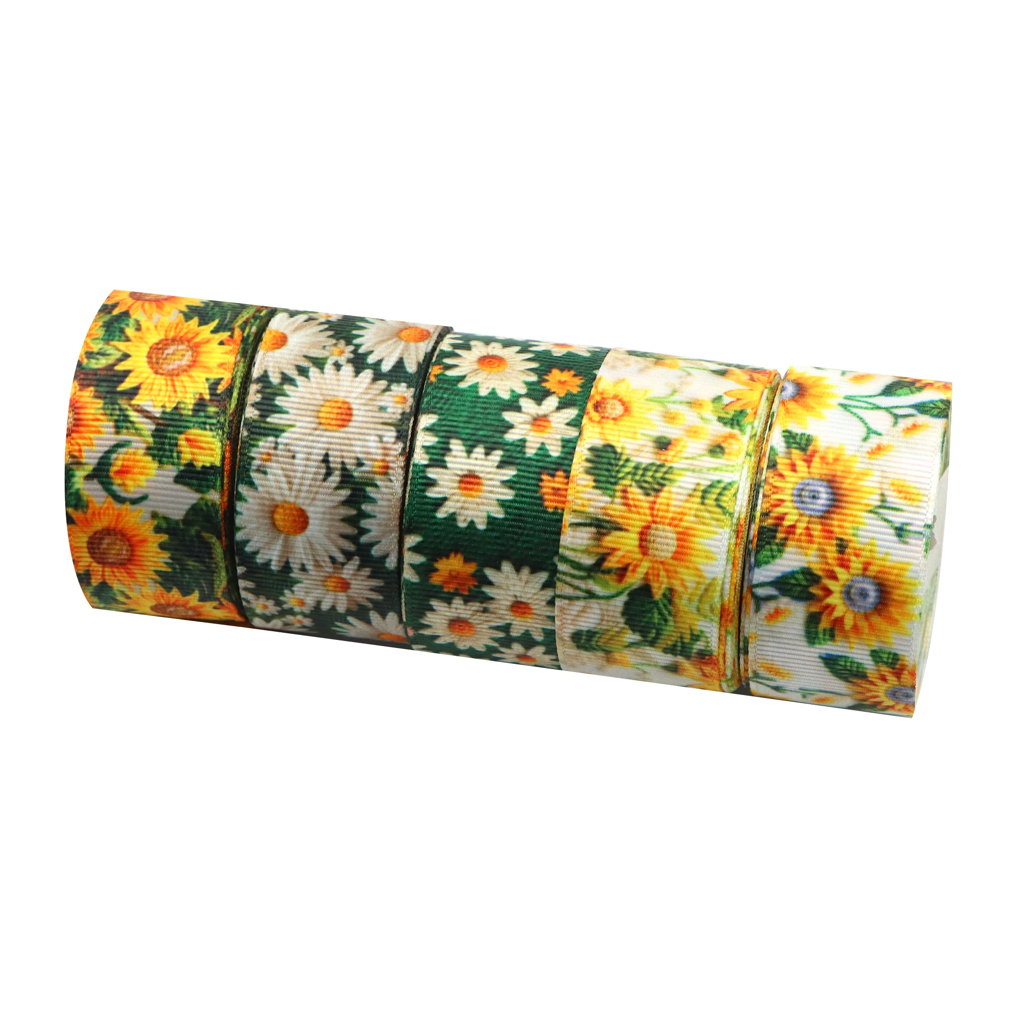 25yards/set Faux Imitation Embroidery Sunflower Daisy Flower Printed Grosgrain Ribbon Roll Set 25mm/1in Ribbon For Gift Wrapping