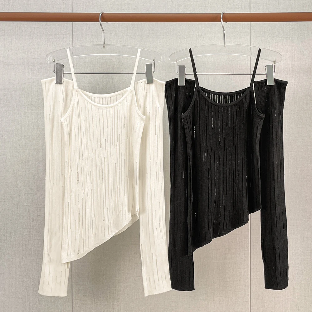 Women Silk Blend Knit Cami Top Set Hollow Out Vertical Stripe Spaghetti Strap Asymmetrical Hem Slim Long Sleeve Cover Up Shirts
