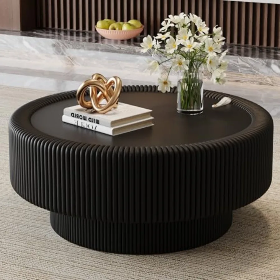 

31.5" Leather Round Coffee Table with Storageand Glass Top, Circle Coffee Table with Fluted Design, Modern Center Tables for Li