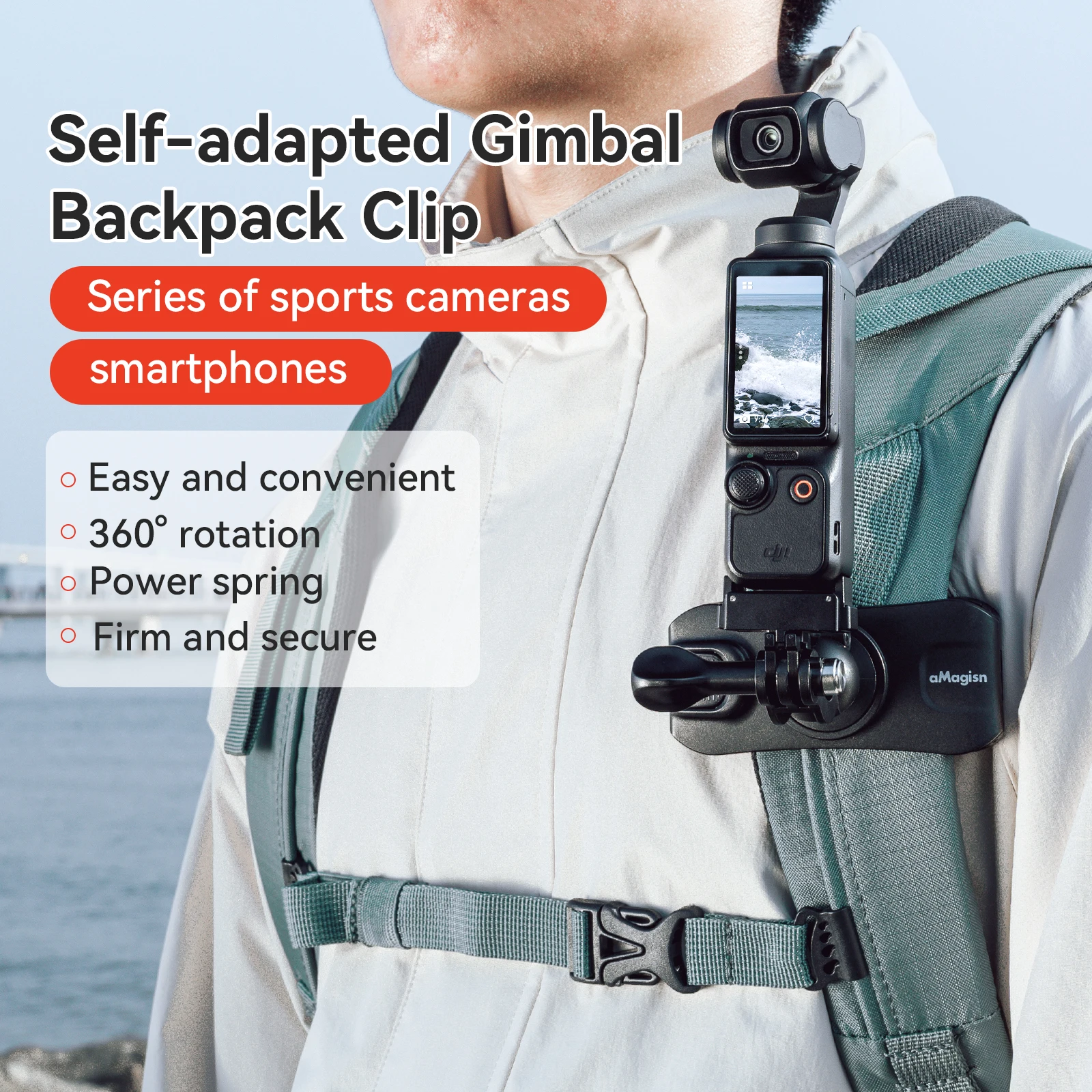 AMAGISN 360 Rotation Backpack Clip Self-adapted Gimbal Clamp Mount For Insta 360 Ace Pro 2 X4 GoPro 13 Action 4 Accessories