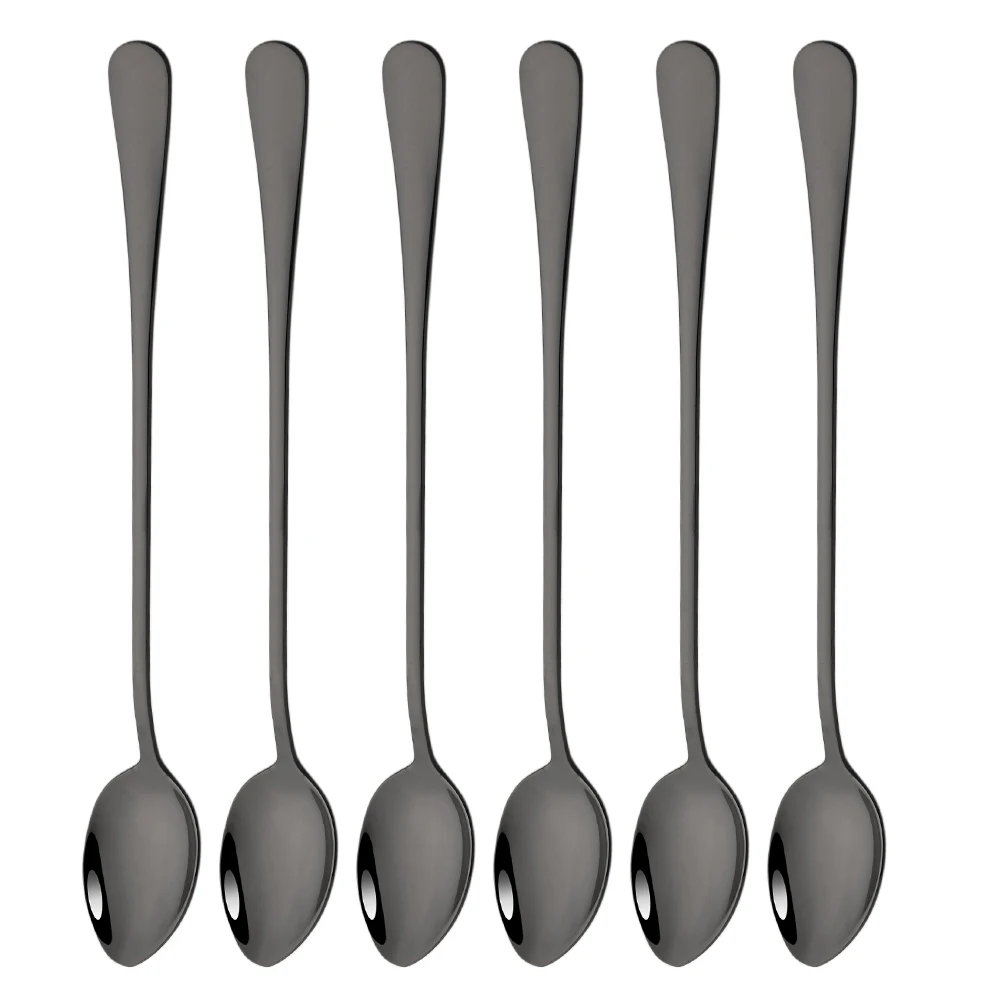 6P Black Coffee Spoon Stainless Steel Tableware Set Long Handle Ice Cream Dessert Teaspoon Picnic Drinkware Kitchen Accessories