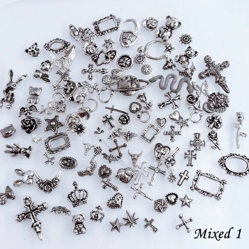 50pcs/Pack Japan Korea Metal Nail Art Parts Charms Vintage Mixed Design Cross Heart Flower Chain Loop 3D DIY Alloy Accessories