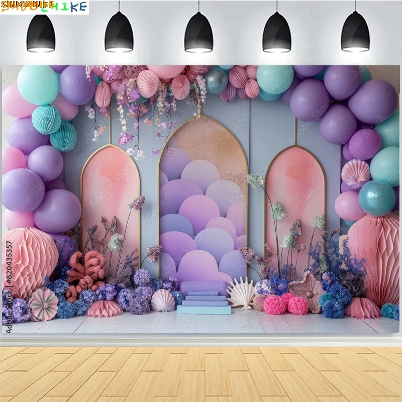 

Mermaid Children Baby Birthday Digital Photography Backdrops Prop Vibrant Balloons Rainbow Clouds Photo Studio Background AO-05