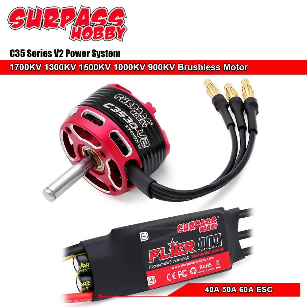 SURPASS HOBBY 900-1700KV Brushless Motor 40-60A ESC Combo Set for RC Fixed Wing Plane