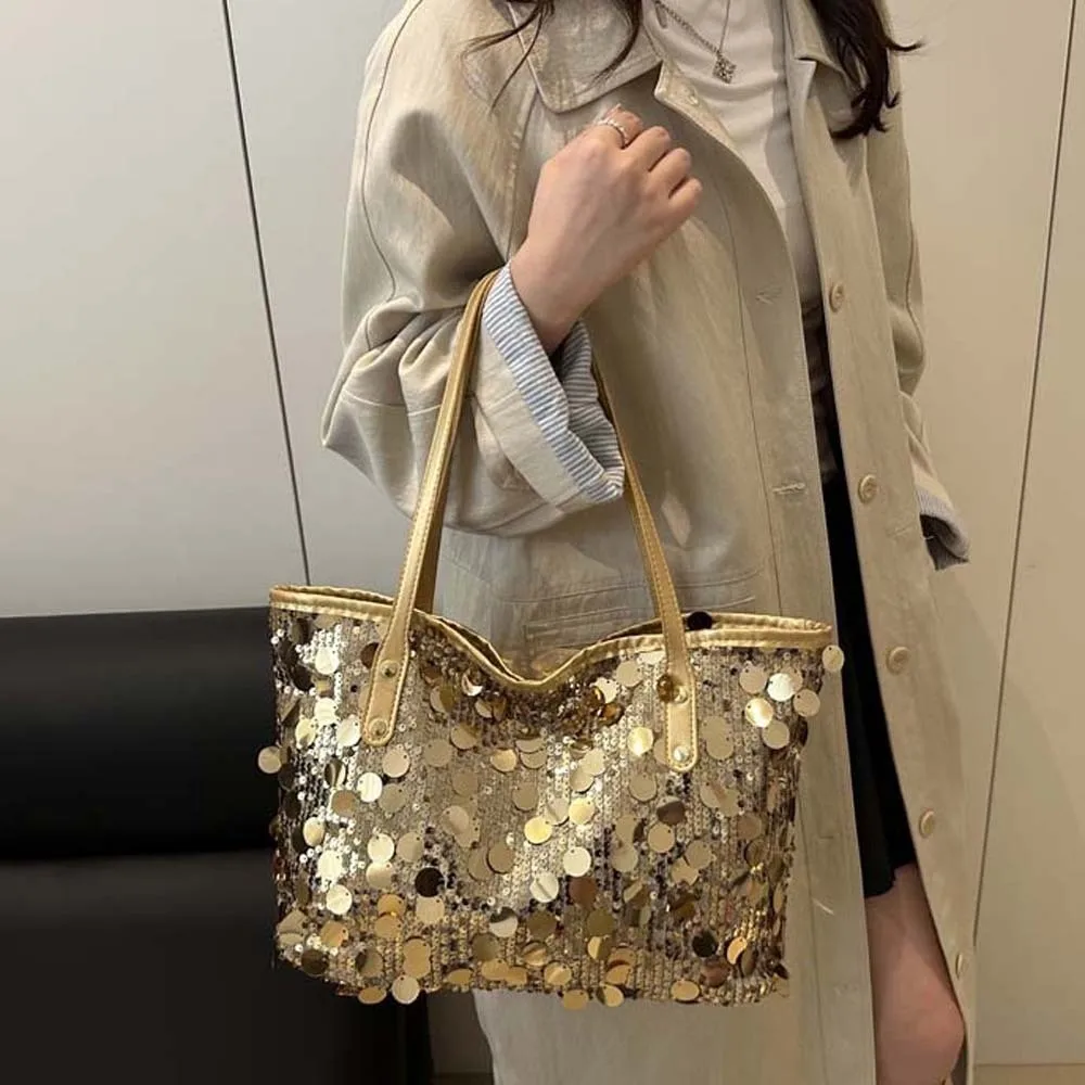 Large Capacity Sequin Tote Bag Soft Handle Lightweight Design Glitter Shoulder Bag Zipper Closure Wear Resistan Shiny Handbag
