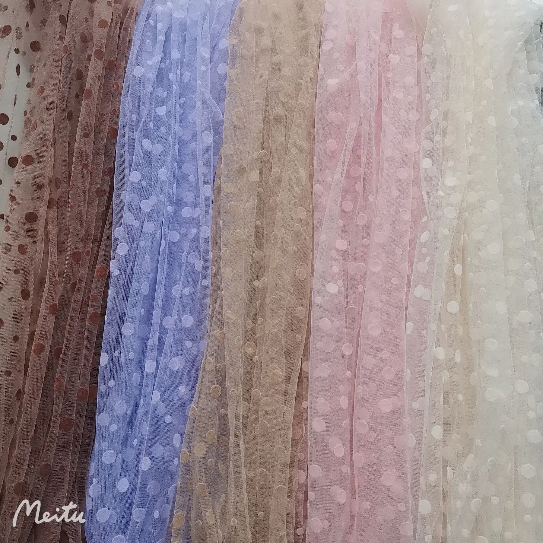 0.5Yard Coffee Pink Dots Flocked Mesh Tulle Guipure Lace Fabric High Quality Bridal Dress Wedding Decoration Sewing Net Fabric