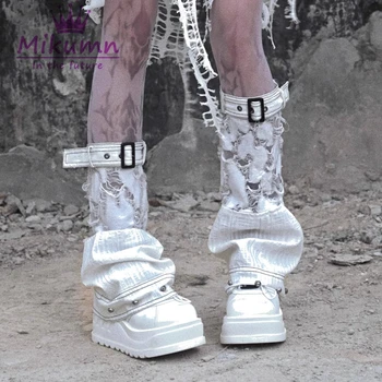 Mikharajuku Harajuku White Cotton Broken Hole Leg Warmer Socks Y2k Punk Rock Rivet Metal Buckle Elastic Adjustable Chic Boots Socks