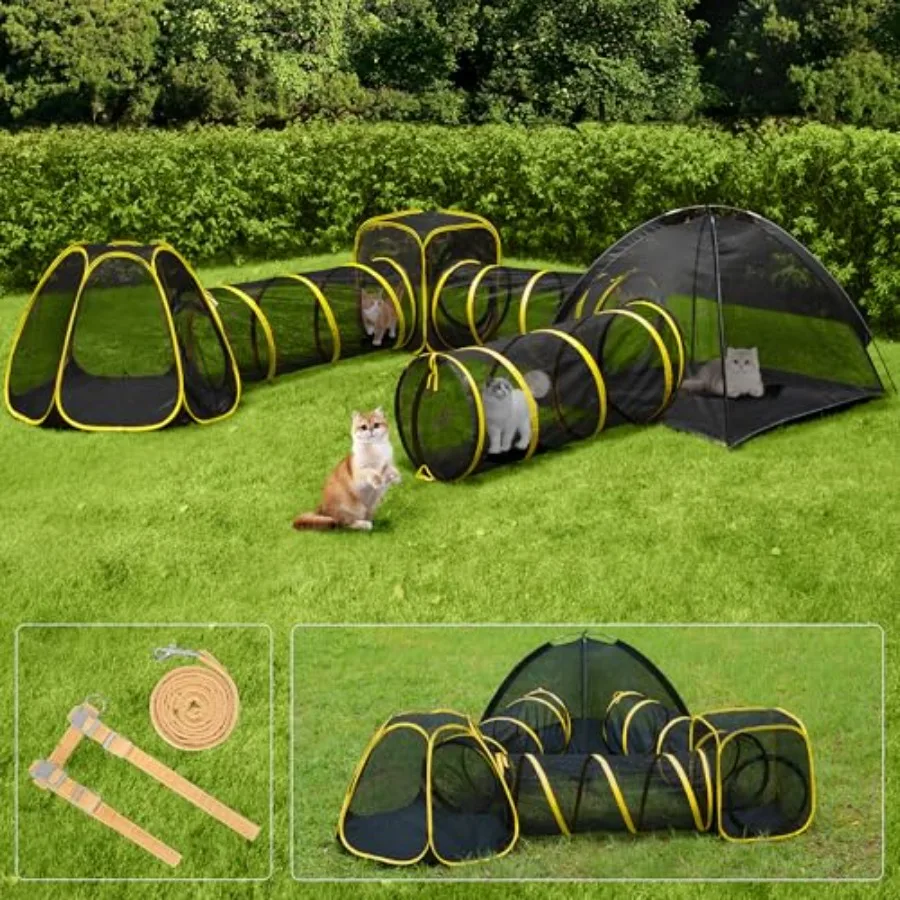 

6-in-1 Outdoor Cat Enclosure with Playhouse 2 Tents and 3 Tunnels - Portable Cat Playground with Leash and Mint Ball for Indoor