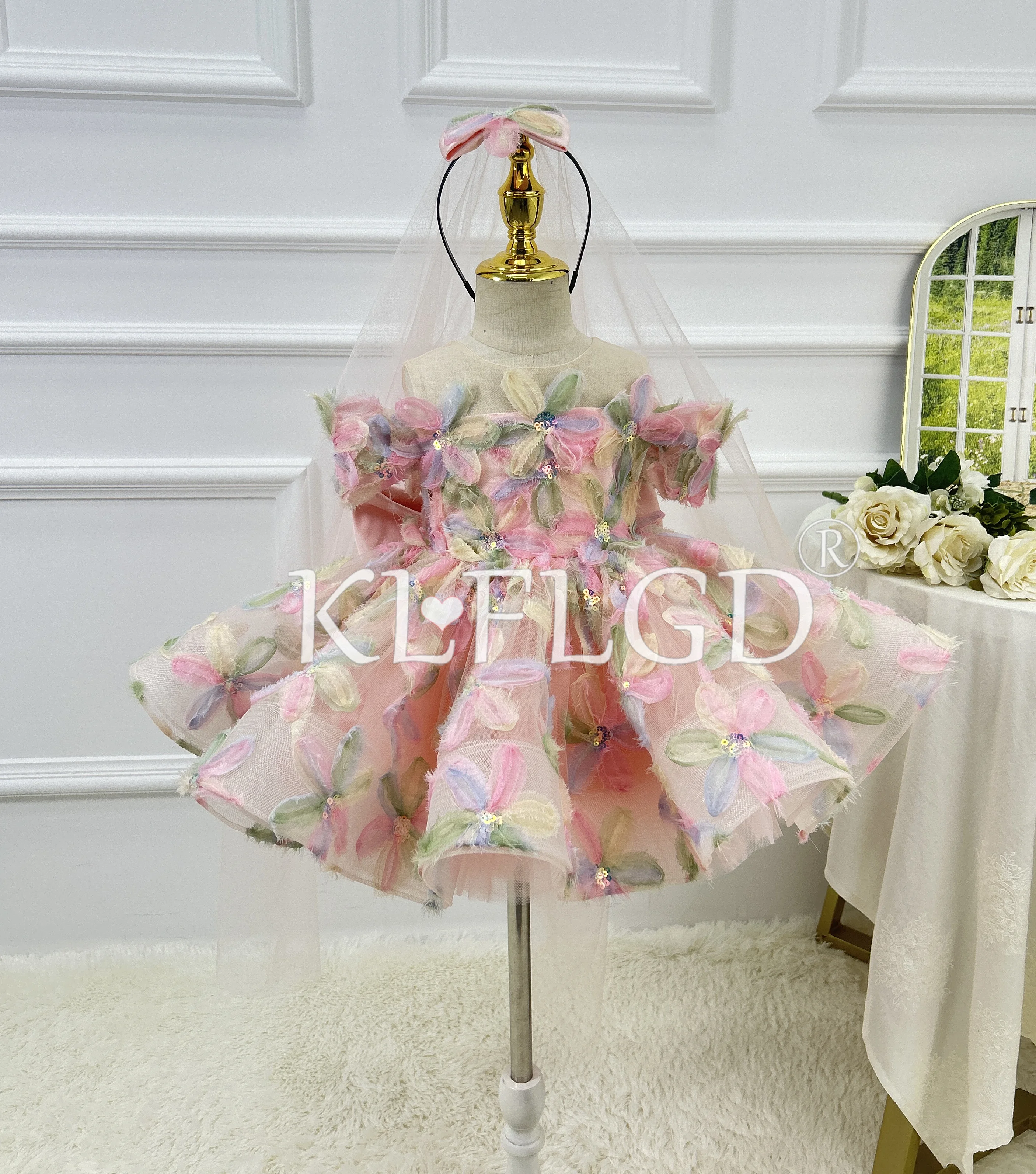 KLGFLD New Baby Girl's First Birthday Dress, Luxurious Flower Girl Wedding Dress, Dress Up Dance Party Dress