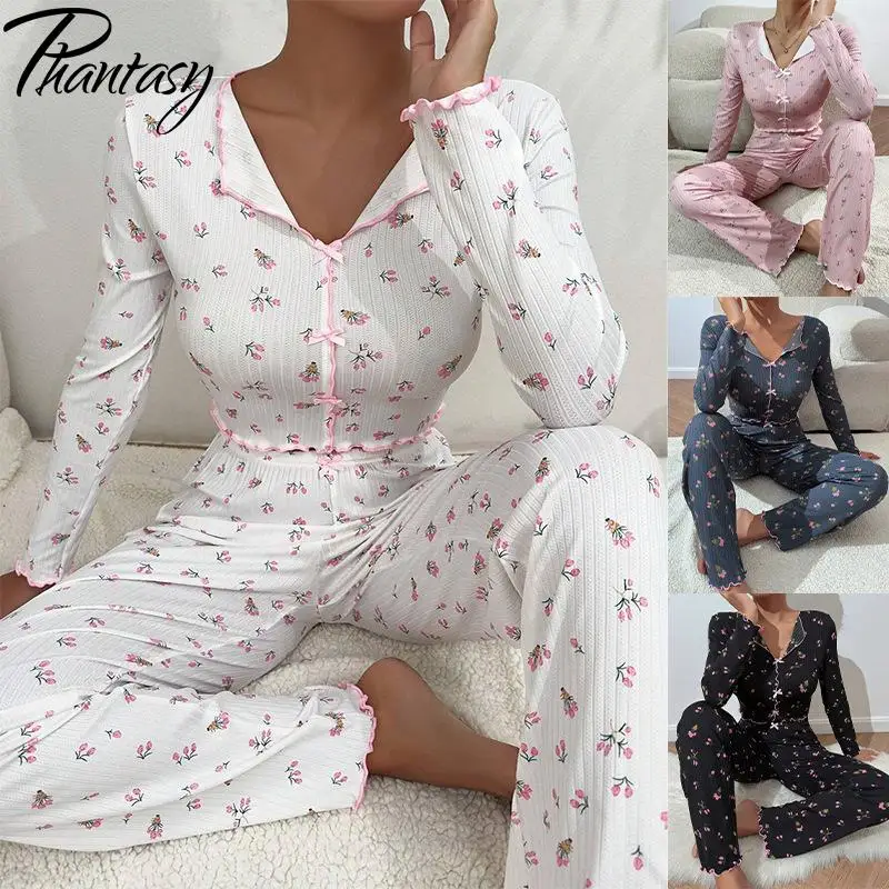 

Phantasy Women's Long Sleeve Pajama Set Fashion Casual Style Home Wear Floral Print Comfortable Women's Homewear Clothing 2025