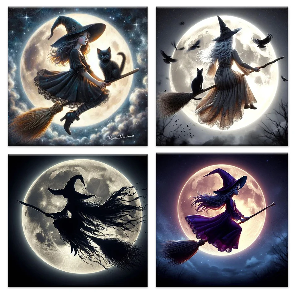 5D DIY The Flying Witch Diamond Painting Kit Halloween Cross stitch Embroidery New 2025 Diamond Mosaic Art Gift Home Decor  (1)