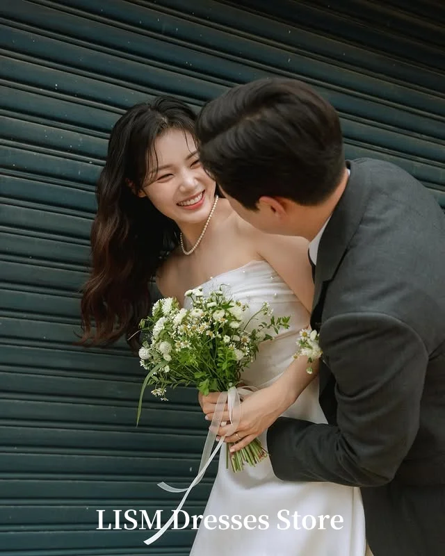 LISM Strapless A-Line Korea Wedding Dresses Simple Silk Satin Customized Elegant Long Bridal Gowns 웨딩드레스 Photo Shoot