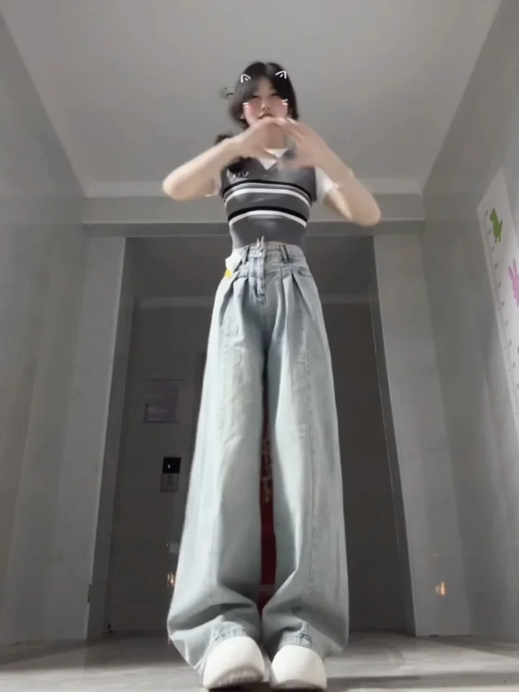 

Светло-голубые широкие драпированные джинсовые джинсы женские летние тонкие новые маленькие размеры с высокой талией тонкие свободные прямые брюки