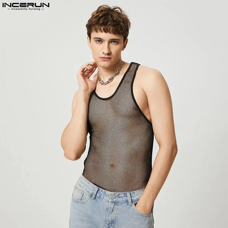 INCERUN Men\'s Tank Tops Mesh Patchwork O-neck Sleeveless Streetwear 2024 Transparent Sexy Vests Fashion Party Men Clothing 5XL