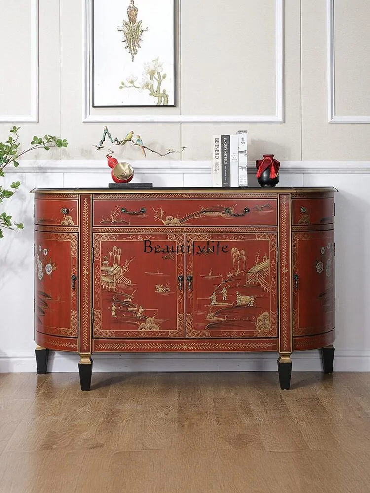 New Chinese Style Solid Wood Entrance Cabinet Ming-Qing Period Painted Character Locker Wall Sideboard Cabinet