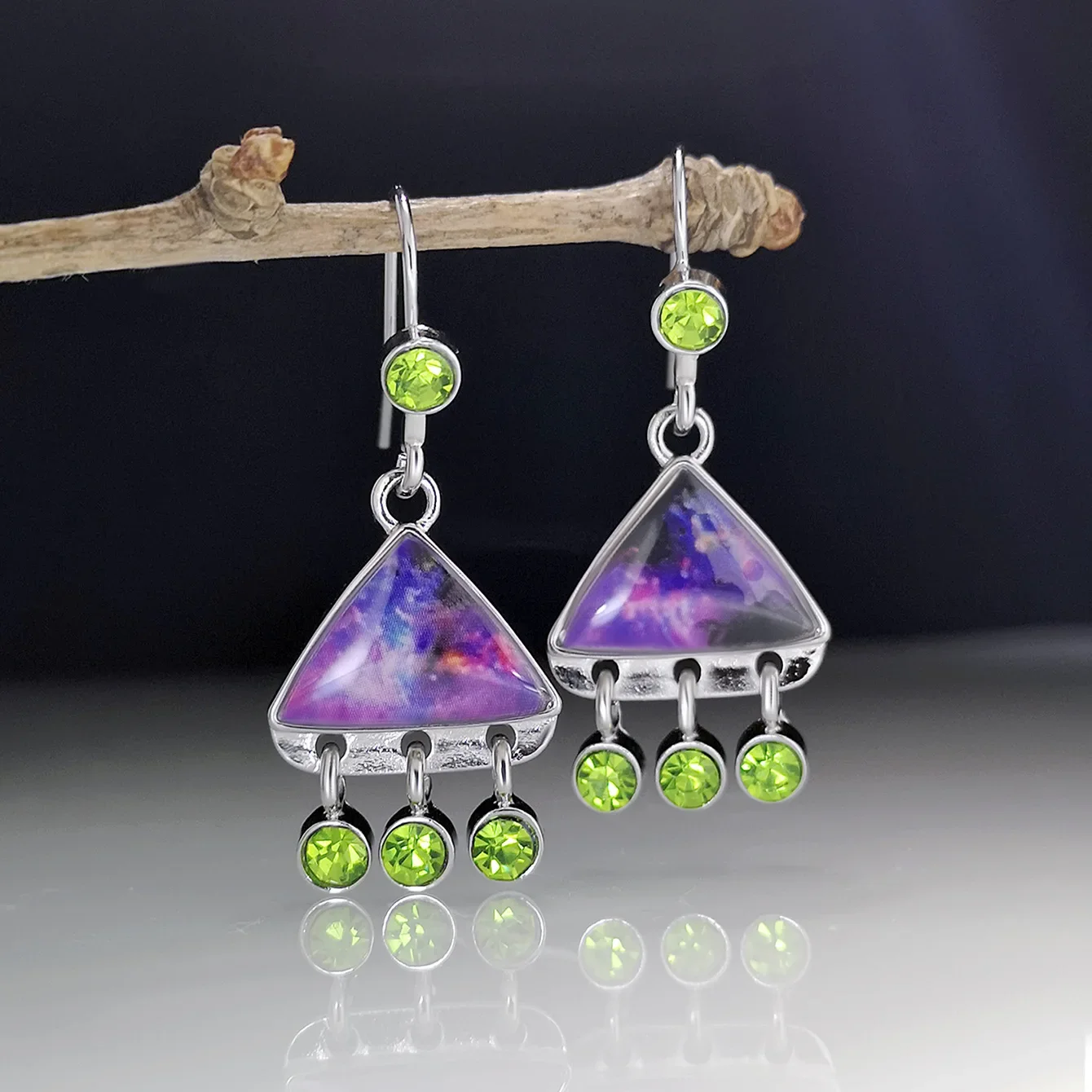 Fashion Green Round Color Stone Purple Triangle Stone Dangle Earrings for Women Female Party Jewelry Pendant New Custom Jewelry