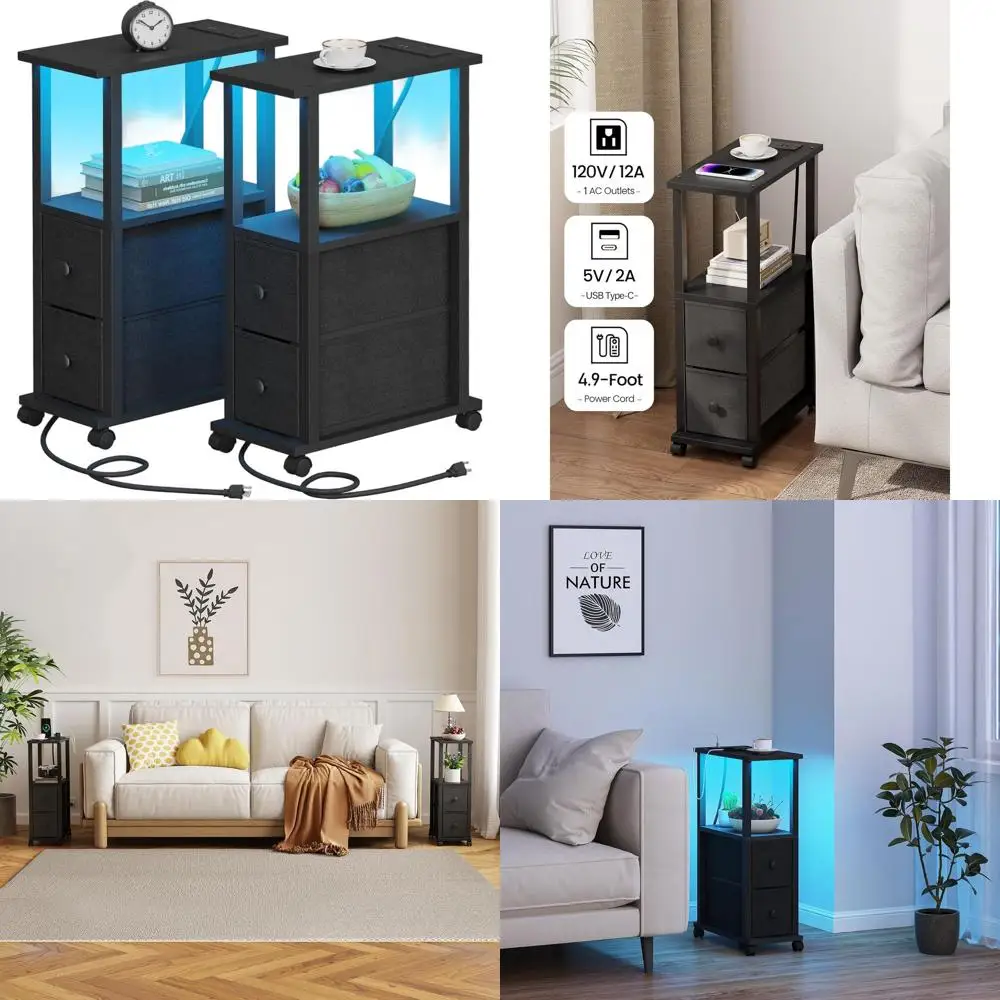 

Compact LED Nightstands with Fabric Drawers, Charging Station, USB Ports, and Wheels - Set of 2 for Small Spaces