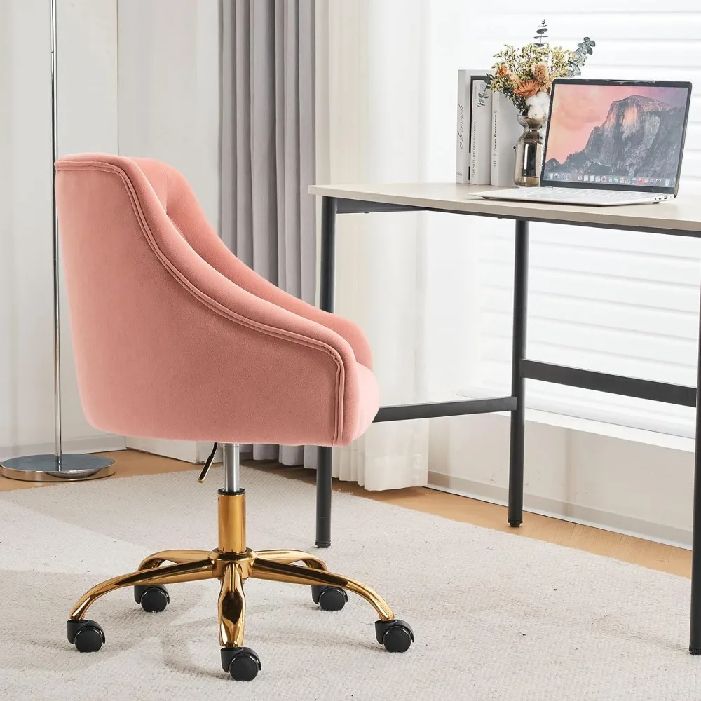 Velvet Fabric Pink Desk Chair for Home Office, Modern Adjustable Swivel Task Chair, Bedroom Vanity Chair for Girls Women