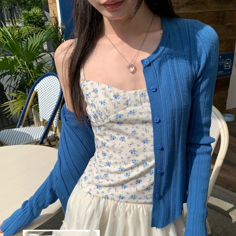Women Korean 2 Piece Set Blue Ditsy Floral Cami Cropped Slim Pure Aesthetic Camisole Autumn Layering Outfit