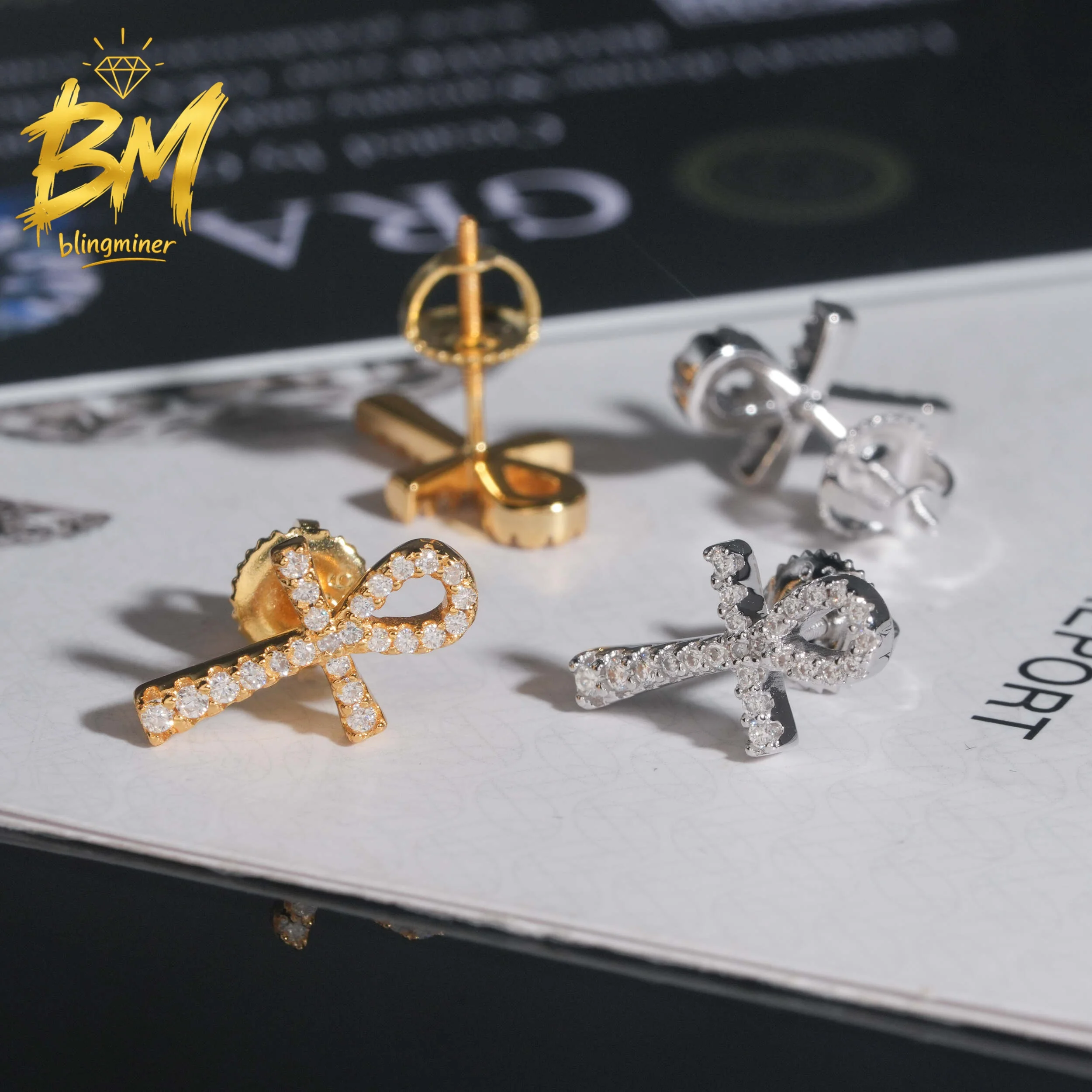 Blingminer Hip Hop Cross S925 Silver VVS Moissanite Earrings For Men Women Ear Studs Jewelry Pass Diamonds Tester Free Shipping