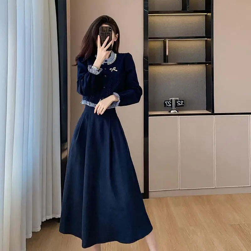2 P Set Ruffles Knitted Splicing Shirt Top + A-Line Midi Skirts 2024 Autumn Fashion Two Pieces Set Korean Women Vintage Elegant